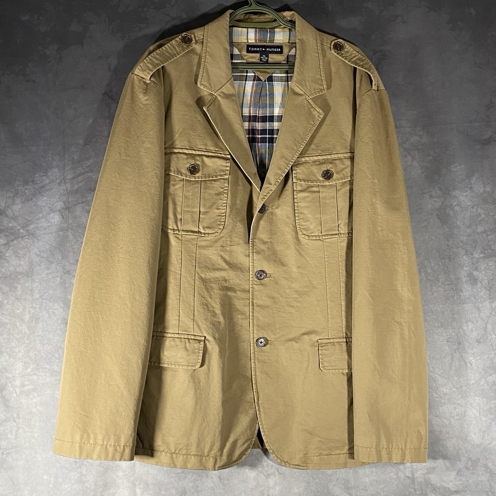 Tommy Hilfiger Khaki Utility Blazer Jacket Notched Lapel Plaid Lining Size 2XL